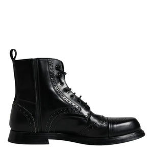 Dolce & Gabbana Black Leather Lace Up Mid Calf Boots Shoes