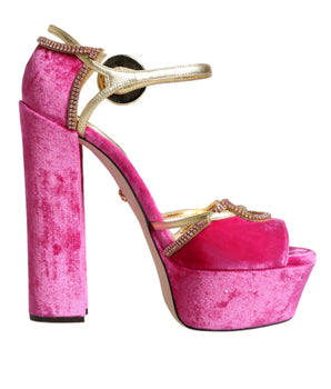 Dolce &amp; Gabbana Sandalias de tacón con correa al tobillo y plataforma de terciopelo rosa Zapatos