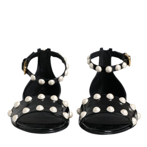 Dolce & Gabbana Black Leather Pearls Ankle Strap Sandals Shoes