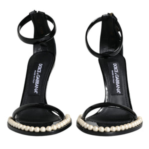 Dolce & Gabbana Black Keira Leather Faux Pearl Sandals Heels Shoes