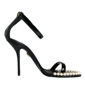 Dolce & Gabbana Black Keira Leather Faux Pearl Sandals Heels Shoes