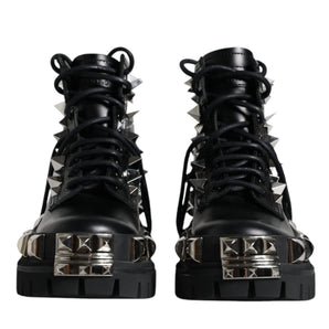 Dolce & Gabbana Black Leather Studded Trekking Boots Shoes