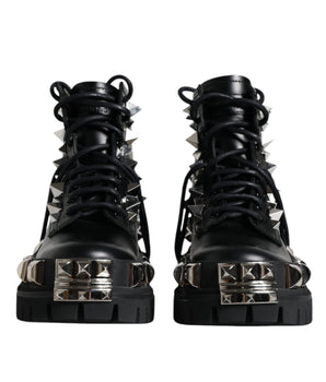 Dolce &amp; Gabbana Botas de trekking de cuero negro con tachuelas Zapatos
