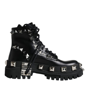 Dolce & Gabbana Black Leather Studded Trekking Boots Shoes