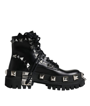 Dolce &amp; Gabbana Botas de trekking de cuero negro con tachuelas Zapatos