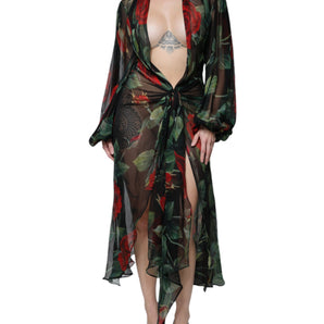 Dolce & Gabbana Black Floral Silk Wrap See Through Dress