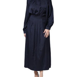 Ballantyne Dark Blue Long Sleeves Pleated A-line Maxi Dress