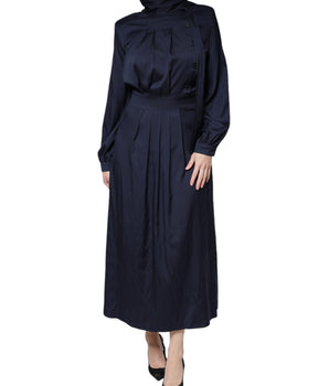 Ballantyne Vestido largo plisado de manga larga en azul oscuro