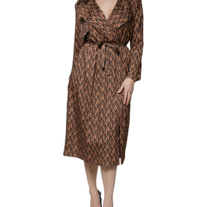 Ballantyne Brown Printed Long Sleeves V-neck Wrap Midi Dress