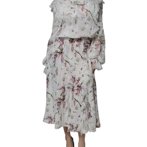 Ermanno Scervino White Floral Ruffles Lace Long Sleeves Maxi Dress