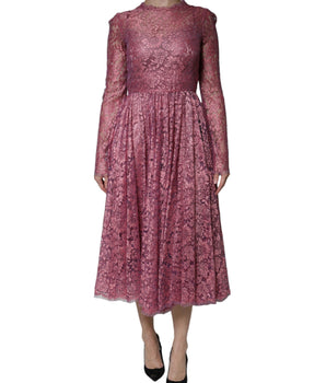 Dolce &amp; Gabbana Vestido largo de manga larga con encaje floral fucsia