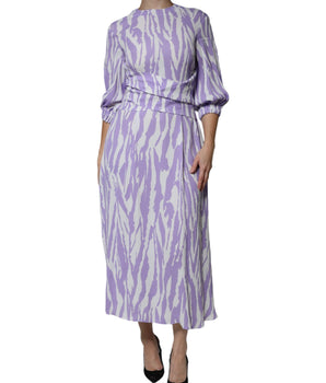 MSGM White Purple Patterned Viscose Short Sleeves Maxi Dress