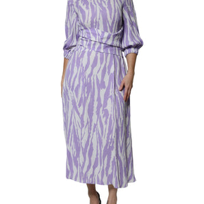 MSGM White Purple Patterned Viscose Short Sleeves Maxi Dress