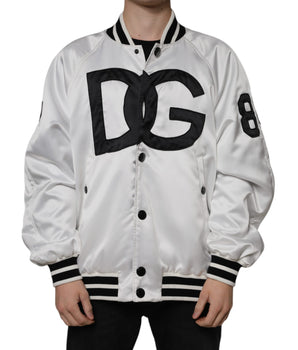 Dolce &amp; Gabbana White Polyester Logo Full Zip Bomber Jacket