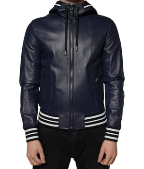 Dolce & Gabbana Blue Leather Full Zip Hooded Bomber Jacket