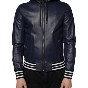 Dolce & Gabbana Blue Leather Full Zip Hooded Bomber Jacket