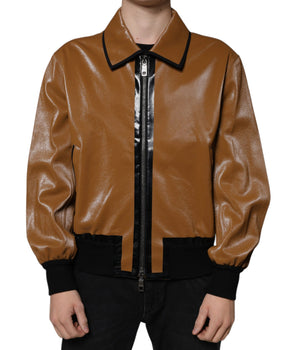 Dolce & Gabbana Brown Leather Full Zip Men Bomber Jacket