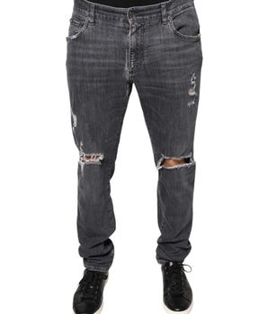 Dolce &amp; Gabbana Dark Gray Tattered Cotton Skinny Denim Jeans