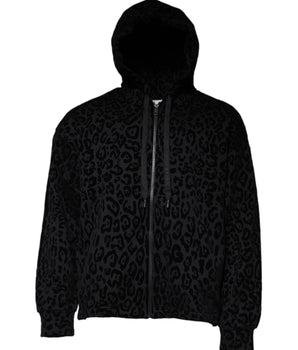 Dolce & Gabbana Black Leopard Cotton Hooded Full Zip Sweater
