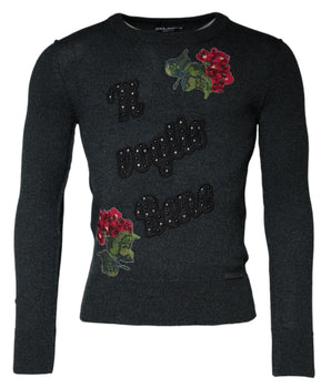 Dolce & Gabbana Gray Embellished Crew Neck Pullover Sweater