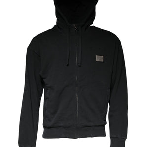 Dolce &amp; Gabbana Jersey negro con capucha y cremallera completa con placa del logo