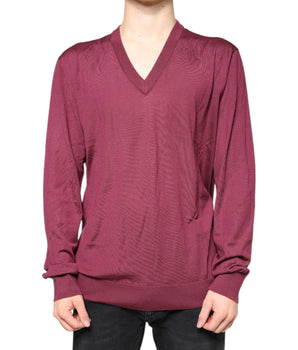 Dolce & Gabbana Maroon Cashmere V-neck Men Pullover Sweater