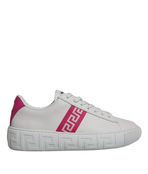 Versace White Pink Greca Print Platform Low Top Sneakers