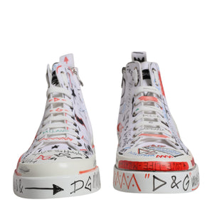 Dolce &amp; Gabbana White Cotton Graffiti High Top Sneaker Shoes