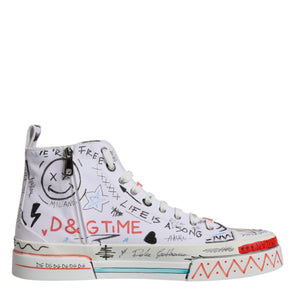 Dolce &amp; Gabbana White Cotton Graffiti High Top Sneaker Shoes