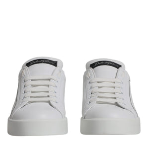 Dolce &amp; Gabbana White Silver Leather Low Top Men Sneakers Shoes