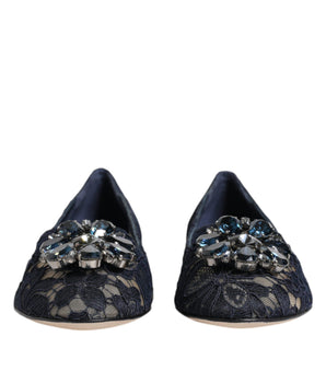 Dolce &amp; Gabbana Blue Taormina Lace Crystals Flats Shoes