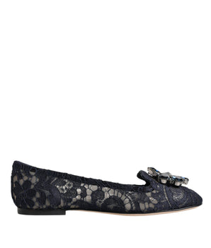 Dolce &amp; Gabbana Blue Taormina Lace Crystals Flats Shoes