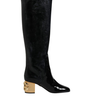 Dolce &amp; Gabbana Black Patent Leather Vally High Boots Shoes