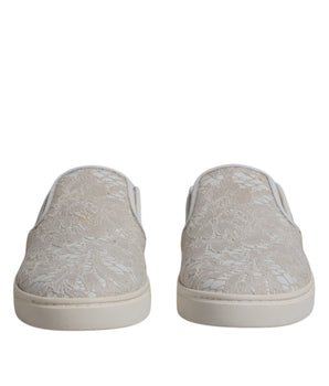 Dolce &amp; Gabbana White Floral Lace Slip On Loafers Shoes