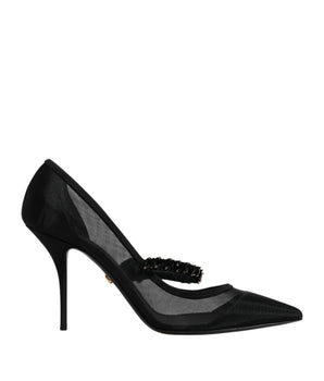 Dolce &amp; Gabbana Black Mesh Mary Jane Crystal Heel Pump Shoes