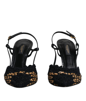 Dolce &amp; Gabbana Black Brown Lace High Heels Slingback Shoes