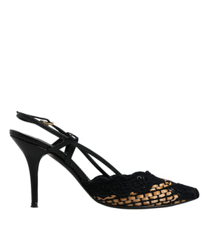 Dolce &amp; Gabbana Black Brown Lace High Heels Slingback Shoes