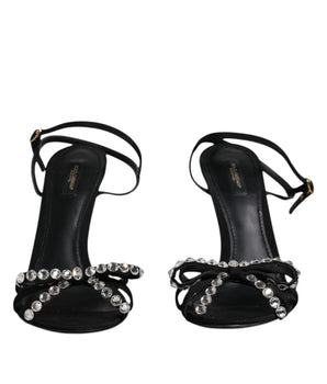 Dolce &amp; Gabbana Black Leather Crystal Heels Sandals Shoes