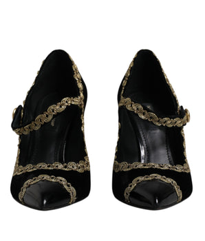 Dolce &amp; Gabbana Black Velvet Gold Mary Janes Pumps Shoes