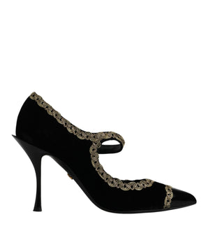 Dolce &amp; Gabbana Black Velvet Gold Mary Janes Pumps Shoes