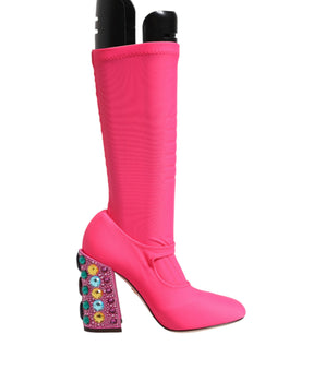 Dolce &amp; Gabbana Pink Nylon Crystal Vally High Boots Shoes