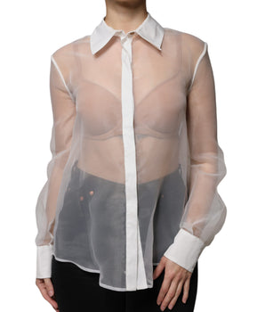 Blusa de manga larga con botones y cuello transparente en color blanco de Elisabetta Franchi