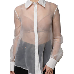 Elisabetta Franchi White Sheer Collared Buttoned Long Sleeves Top