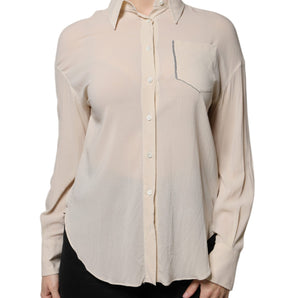 Brunello Cucinelli Beige Silk Blend Collared Button Down Top