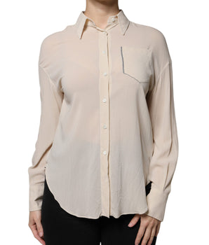 Blusa con cuello y botones en mezcla de seda beige de Brunello Cucinelli