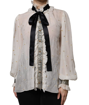 Dolce &amp; Gabbana Off White Silk Blend Ascot Collar Blouse Top