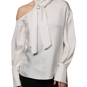 Brunello Cucinelli Beige Silk Ascot Collared Long Sleeves Top