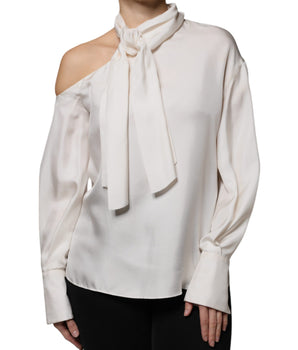 Blusa de manga larga con cuello Ascot en seda beige de Brunello Cucinelli