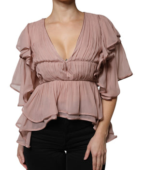 Alberta Ferretti Brown Silk Short Sleeves V-neck Pleated Top
