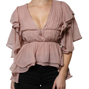 Alberta Ferretti Brown Silk Short Sleeves V-neck Pleated Top